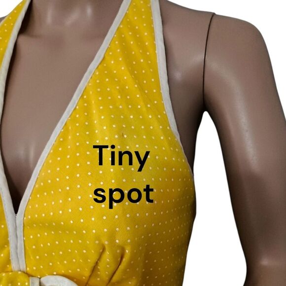 Vtg Maxi Dress Sz XS/S Hostess Halter Yellow White Polka Dot Sheer Overlay 70s - Picture 3 of 16